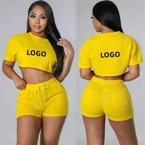 Ensemble deux pièces d'été pour femmes 2025 avec logo personnalisé, débardeur court à manches courtes et short, tenue unie pour l'été - Product Image 5