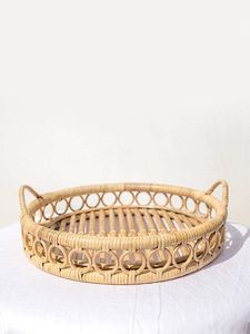 Handmade Decorative Rattan Jute <b>Serving</b> <b>Tray</b> With Bone Inlay Finishing Set of 3 <b>Rounded</b> Shape Food Server <b>Tray</b> - Product Image 5