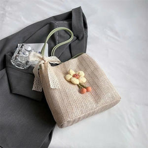 กระเป๋าโท้ทสานมือสไตล์เกาหลีพร้อมกระเป๋าสะพายไหล่หญ้าทะเลสานน่ารักตกแต่งดอกไม้ - Product Image 6