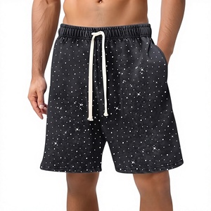 Streetwear High Quality Acid Wash Running Shorts Customized Casual Men's Mid Waist <b>Drawstring</b> Rhinestone Printed Knitted 100% - Product Image 1