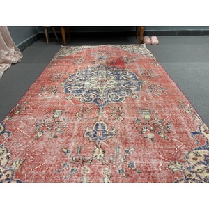 4x7.2 ft Vintage Turkish <b>Wool</b> Rug <b>Red</b> Bordered Patchwork Design with Latex Backing - Product Image 2