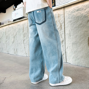 กางเกงยีนส์วินเทจของเด็กผู้ชายกางเกงขากว้างแบบลำลองปักขากว้างสีเข้มปานกลางสำหรับฤดูใบไม้ผลิใหม่2025 - Product Image 3