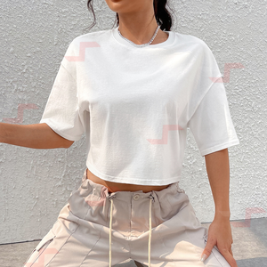 Venta al por mayor verano recortado camisetas para mujeres Casual estilo Retro Vintage moda elemento en blanco Color sólido cuello redondo manga corta - Product Image 6