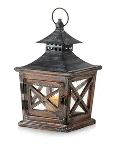 木制蜡烛灯装饰10.6英寸高乡村悬挂柱烛台农家灯笼桌面展示