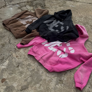 Sudaderas con capucha personalizadas para hombre parche bordado de socorro lavado con ácido sol se desvanece cremallera de peso pesado estampado de diamantes de imitación 100% ropa de calle de algodón - Product Image 1