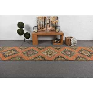 Alfombra turca verde naranja vintage de 3x12,4 pies, lana rectangular clásica de área grande con respaldo de látex para dormitorio para Patrón de pasillo - Product Image 3