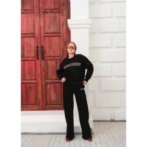 Ensemble de survêtement avec imprimé texte noir et pantalon palazzo à jambes larges - Noir - Product Image 5