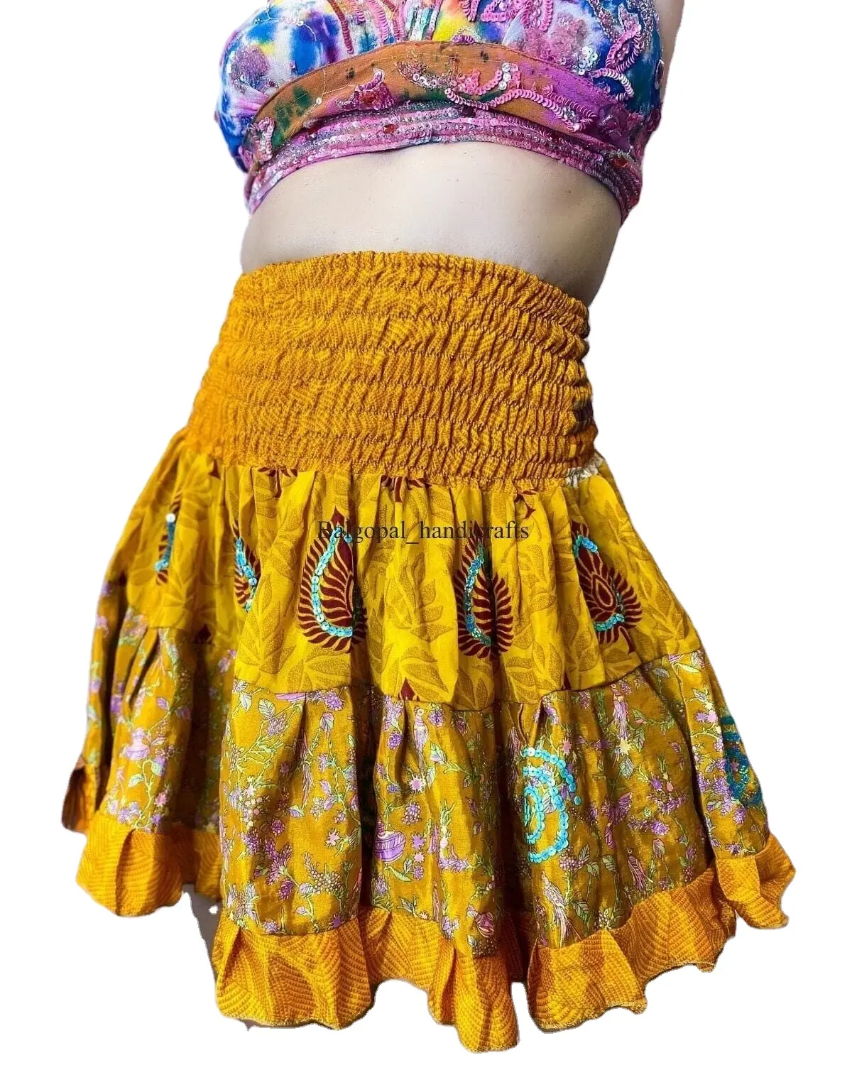 Flirty Pliado Mini Saia Em Camadas Mini Saia para As Mulheres Senhora Menina Curta De Seda Hippie Bohemian Praia Magia Vestido curto saias de verão