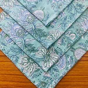 Modern Handmade Indian <b>Block</b>-Printed Cotton Napkins Ridhi's Square <b>Shape</b> in Sapphire Green & Blue for Weddings Home Parties - Product Image 3