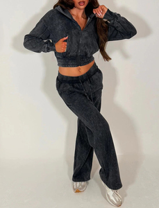Conjunto Deportivo de Dos Piezas para Mujer, Estilo Lavado Ácido, Sudadera Corta con Cremallera y Pantalones Jogger de Cintura Alta, Venta al Por Mayor Personalizada de Alta Calidad - Product Image 6