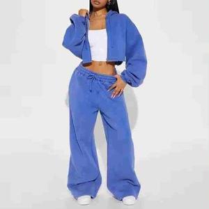 100% Cotton Acid Wash Zip Sweat Suits Distress <b>Patch</b> Hoodies fashion top Flared Tracksuit for Women Hot Selling BY BS 2026 - Product Image 2