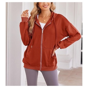 Nueva colección para mujer 100% algodón manga larga cuello redondo hombro pendiente Color sólido cómodo Casual Zip Hoodie mejor precio - Product Image 2