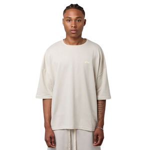 T-shirt neutre surdimensionné pour homme, 280 GSM, coton biologique, épaules tombantes, streetwear, avec logo sur le devant et slogan au dos - Product Image 1