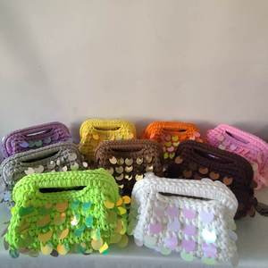 Crochet New Style Autumn Handmade Woven Multi-Color <b>Sequin</b> Polyester Cloth Clip Clutch <b>Bag</b> Urban Simplicity Model A77 Daily Use - Product Image 1