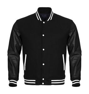 Custom Made Winter Varsity <b>Jacket</b> with <b>White</b> Leather Sleeves & Black Wool Body <b>Waterproof</b> Knitted Processing for Letterman - Product Image 1