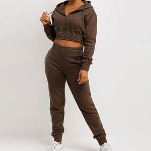 ชุดวอร์มครอปแบบลำลองสำหรับผู้หญิงเสื้อสั้นตัวยาวทนทานพิมพ์โลโก้สีทึบมีฮู้ด - Product Image 2