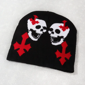 Bonnet personnalisé 100% acrylique crâne chapeau imprimé deux tête de crâne motif unisexe course vélo sport bonnet tricoté chapeau - Product Image 1