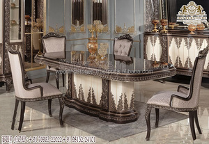 Meubles de salle à manger royal au design rococo Mobilier de salle à manger à thème français 6 places Ensemble de table à manger italienne en or blanc poli - Product Image 2