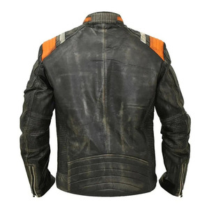 แจ็กเก็ตหนังขี่มอเตอร์ไซค์แนววินเทจสำหรับผู้ชายเสื้อแจ็กเก็ตสไตล์นักขี่จักรยานที่มีลายทางสีส้มและกระเป๋ามีซิป - Product Image 3