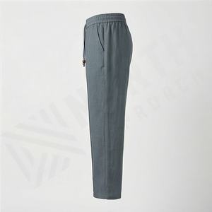 Pantalon homme anti-rides uni en lin teint sable, taille élastique, braguette boutonnée, poche latérale zippée, plis cousus, couleur personnalisée - Product Image 3