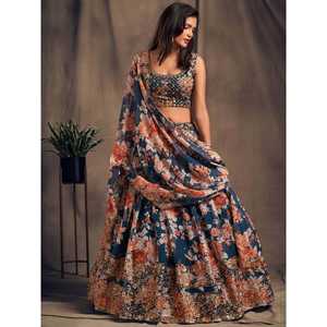 Blue Floral Printed Organza <b>Wedding</b> Apparel Festive <b>Lehenga</b> Choli - Product Image 1