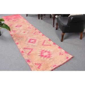 Alfombra de lana rosa Kilim de 2,7x11,5 pies, alfombra turca de tejido plano para sala de estar, patrón de rompecabezas rectangular de retazos, respaldo de látex - Product Image 1