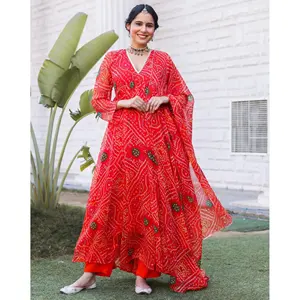 ชุดอาเรีย เรด บันดานี สไตล์ปากีสถาน บอลลีวูด ชุดพื้นเมืองสำหรับงานเทศกาล ผ้าชีฟอง ซาลวาร์ คามีซ ตัดเย็บสำเร็จ - Product Image 6