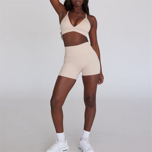 Ensemble de shorts de sport pour femmes, taille plus, été, logo personnalisé, 2 pièces, fitness, yoga, séchage rapide, spandex/nylon - Product Image 4