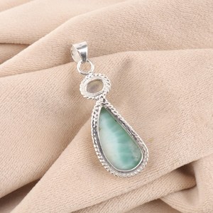 Collier pendentif en larimar et pierre de lune, fait main, en argent sterling 925, bijou classique de haute qualité, cadeau pour femmes et enfants - Product Image 3