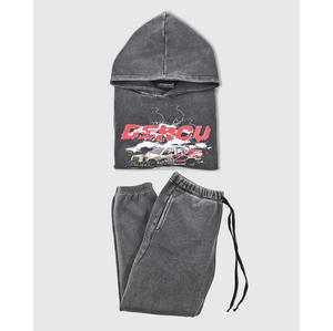 Sweat-shirt imprimé personnalisé lavé à l'acide patch brodé en détresse sweat à capuche jogging survêtement pantalon de survêtement évasé et ensemble de sweat à capuche - Product Image 4