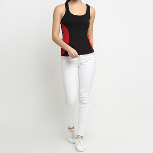 Women's Black Red Solid O-<b>Neck</b> Sporty Knitted Breathable Spandex/Cotton Short Sleeveless Tank Top - Product Image 4