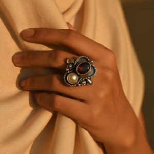 "925 Silver Pearl <b>Ring</b> with Garnet <b>for</b> <b>Women</b> <b>Statement</b> Jewelry" - Product Image 3
