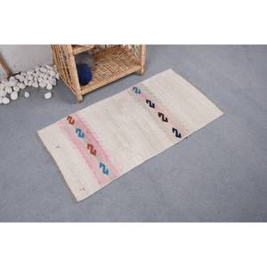 Tapis turc vintage moderne en patchwork beige et rose 1.7x3.3 pieds en laine avec support en latex - Product Image 3