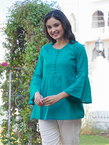 Haut en coton slub de qualité supérieure pour femmes, robes d'été en gros, turquoise et manches cloche, col rond, haut décontracté - Product Image 3