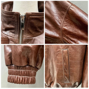 Veste en cuir vintage rétro pour femmes, veste bomber en cuir de vache véritable - Product Image 5