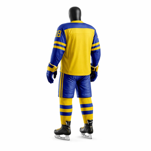 Tenue de hockey sur glace personnalisée jaune et bleue, ensemble maillot et short sublimés, vêtements d'équipe pour adultes, fabricant OEM ODM - Product Image 4