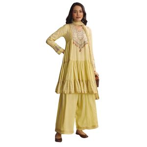 Traje Palazzo estampado de seda amarillo claro con trabajo resham, venta al por mayor, Ropa Étnica para mujer, fábrica de ropa OEM, proveedor a granel personalizado - Product Image 3