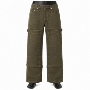 Pantalon cargo vintage délavé pour homme, en coton épais, style workwear, multi-poches, streetwear, coupe ample - Product Image 1