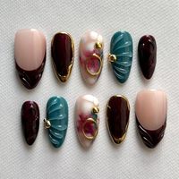 Ongles à presser Zimocepuz en forme d'amande, plaqués or 3D, rouges et verts, en plastique, design rétro, pré-dessinés, réutilisables, pour femmes