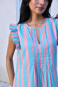 Mini robe élégante 100% coton à rayures pastel, rose et bleu, manches volantées, épaule écologique pour les occasions quotidiennes, méthode tissée - Product Image 5