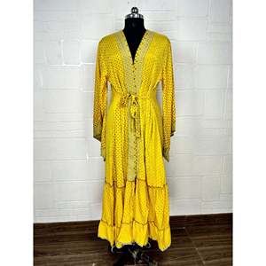 Recycled Vintage Silk Sari Robe Boho House <b>Kimono</b> Dressing Gown Geometric <b>Beach</b> Coverup for Bridesmaids Anniversary Gift Idea - Product Image 1