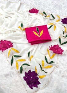 Evergreen Design Belle Georgette Avec Fleurs Broderie À La Main Saree Fabricant Et Fourniture De Surat - Product Image 4