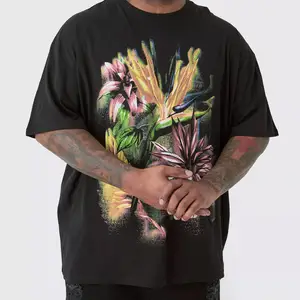 Camiseta de tamanho grande com estampa floral multi de qualidade premium em preto - 100% algodão - disponível até 3XL - moda masculina da moda