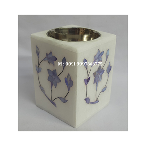 Brûleur à Bakhoor en marbre blanc naturel fait à la main, avec incrustation de nacre bleue, motif floral, utilisé pour la revente - Product Image 1
