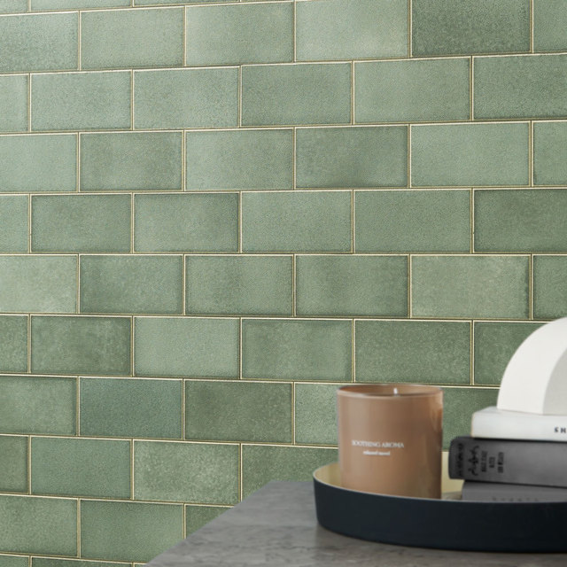 The Highly Durable Deep Green and Reddish Brown Tile Pattern Wallpaper Creates a Stylish Interior Space.