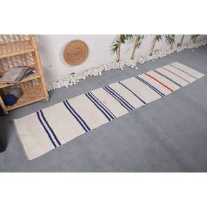 พรมตุรกีแบบวินเทจทันสมัยสีขาวสีฟ้าลาย1.9 x 9.2ft ผ้าขนสัตว์วัสดุลาเท็กซ์สำรองพื้นที่ขนาดใหญ่สไตล์โบโฮสำหรับโถงทางเดินสี่เหลี่ยมผืนผ้า - Product Image 2