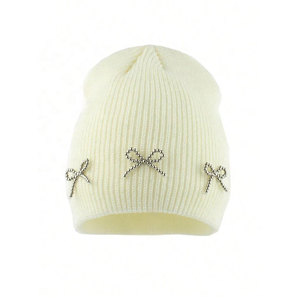 Black Breathable Waterproof 100% Acrylic Knitted Beanie Rhinestone Bow Decorations Unisex Punk Style Winter <b>Hat</b> Adult Size - Product Image 2