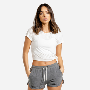 Personalizado de alta calidad logotipo personalizado serigrafiado Sexy recortada camiseta mujer suave algodón Spandex Crop Top camisetas - Product Image 3