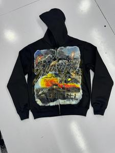 Sudadera con capucha con cremallera completa para hombre a la moda, estampado de aerógrafo Vintage con detalles de diamantes de imitación, estilo callejero, sudaderas con capucha con diseño personalizado - Product Image 3