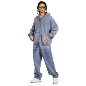 Survêtement en coton pour hommes 360GSM Heavyweight Acid Wash Streetwear Survêtements à capuche avec fermeture éclair pour hommes - Product Image 1